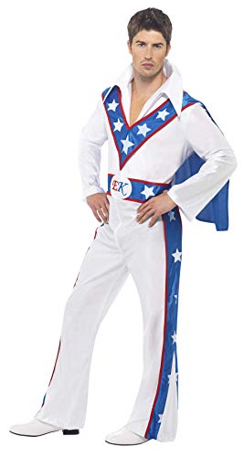 Smiffys Men's Evel Knievel Costume, All in One Jumpsuit & Attached Cape, Size: M, Color: White, 21126