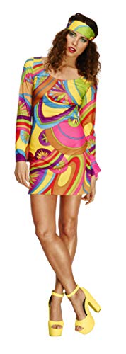Fever Adult Women's 70's Flower Power Costume, Dress and Head Scarf, Retro, Size L, 30462