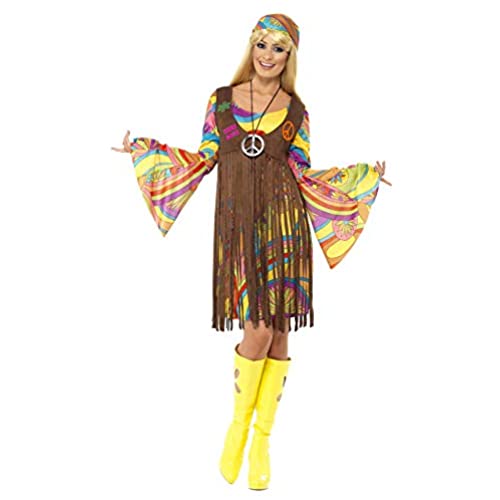 Smiffys, Women's 60's Groovy Lady Costume, Dress, Vest and Headband, Hippie, 35531, Brown, S