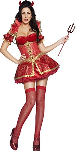 Fever Adult Women's Deluxe Devil Costume, Dress, Corset Overskirt, Collar, Horns and Sleeves, Halloween, Size S, 33278