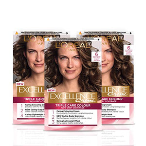 L'Oreal Paris Excellence Crème Brown Permanent Hair Dye, Up to 100% Grey Hair Coverage, Natural-Looking Hair Colour Result, Blonde Hair Dye 6 Natural Light Brown Pack of 3