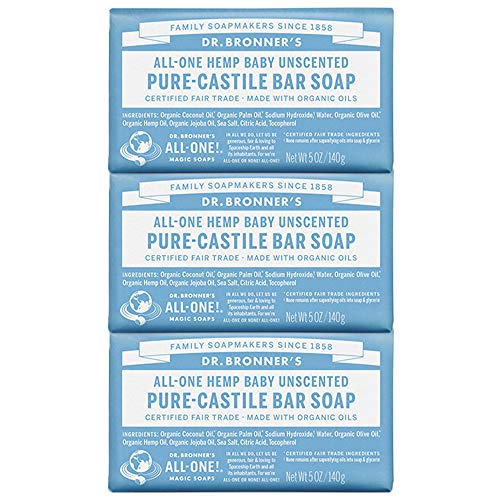 Dr. Bronner's Pure-Castile Bar Soap - Baby Unscented, 5oz. Bars (Pack of 3)