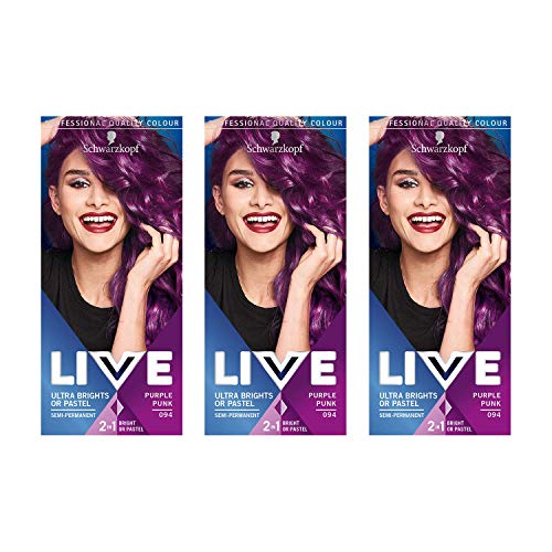 Schwarzkopf Live Ultra Bright or Pastel Hair Dye, Semi-Permanent Colour Intense Colour Results – 3x 094 Purple Punk