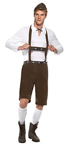 Smiffys 30286 Bavarian Man Costume Leather Pants Shorts with Braces Top and Hat, Multicoloured (Marron/Blanc), M - Size 38"-40"