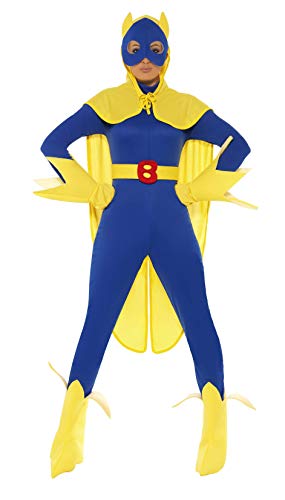 Smiffys Women's Bananaman Costume, Catsuit, Mask, Cape, Gloves & Boot Covers, Bananaman, Size: M, Colour: Blue and Yellow, 34067