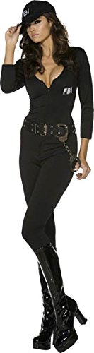 Fever Women's FBI Flirt Costume, Bodysuit, Belt and Cap, Size: M, Colour: Black, 31448