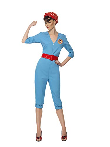 Smiffys 1940's Factory Girl Costume with Jumpsuit and Head Scarf - Blue, Large