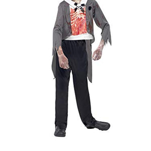 Smiffys Children's Zombie Groom Costume, Jacket, Printed Mock Shirt, Trousers & Hat, Size: L, Color, Grey and Black, 44031