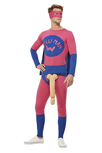 Smiffys 61038XL Willyman Superhero Costume, Men, Pink & Blue, XL - Size 46"-48"
