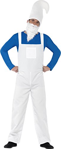 Smiffy's Men's Garden Gnome Costume,Top, Dungarees, Beard and Hat, Size: S, Colour: Blue and White, 23390