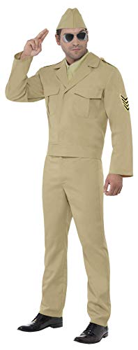 Smiffys American GI Costume with Hat Jacket Mock Shirt Tie and Trousers - Beige, Large
