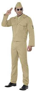 Smiffys American GI Costume with Hat Jacket Mock Shirt Tie and Trousers - Beige, Large