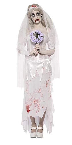 Smiffy's Women's 23295 Costumes Till Death Do Us Part Zombie Bride Costume, Dress, Veil and Bouquet, Zombie Alley, White (Blanc), Medium