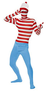Smiffys Men's Where's Wally? Second Skin Costume, Jumpsuit, Hat, Glasses & Bum Bag, Colour: Multi-coloured, Size: L, 24243