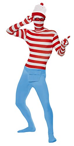 Smiffys Men's Where's Wally? Second Skin Costume, Jumpsuit, Hat, Glasses & Bum Bag, Colour: Multi-coloured, Size: M, 24243