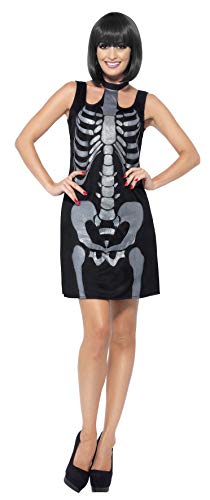 Smiffys Adult Women's Skeleton Costume, Shift Dress and Glitter Bone Print, Day of the Dead, Halloween, Size: L, 43649