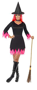 Smiffys Women's Witch Costume, Dress, Hat & Choker, Legends of Evil, Colour: Black and Pink, Size: S, 30880