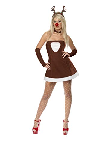 Fever Adult Women's Red Hot Reindeer Costume, Dress, Gloves, Nose and Choker, Christmas, Size: M, 33182