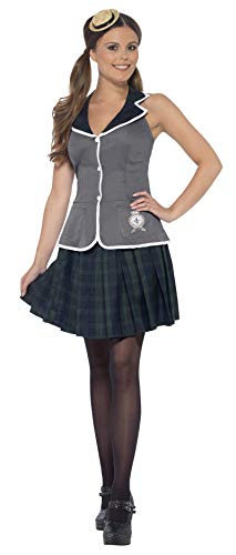 Smiffys Adult Women's Prefect Costume, Top, Pleated Skirt and Mini Boater Hat, Skool Days, Serious Fun, Size: L, 43488