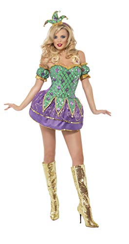 Fever Adult Women's Harlequin Shine Costume with Sequins, Dress, Arm Sleeves and Hat on Headband, Funny Side, Size: S, 29102