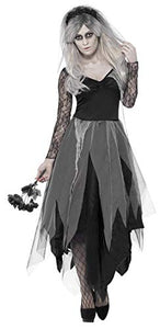 Smiffys Women's Dress and Rose Veil, Legends of Evil, Halloween Graveyard Bride Costume, Multicoloured (Gris/Noir), M - UK Size 12-14