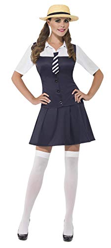 Smiffys School Girl Costume, Dress,Tie and Boater Hat, Size: XS, Colour: Navy and White, 31105