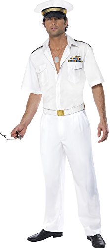Smiffy's Men's Top Gun Captain Costume, Shirt, Trousers & Hat, Top Gun, Colour: White, Size: L, 32896