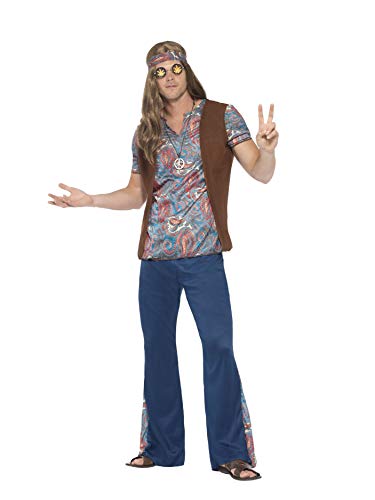 Smiffys 45517S - Men's Hippie Costume, Top, Pants, Bandana and Medallion Size: S, Blue