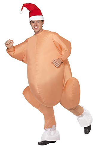 Smiffys Adult men's Inflatable Roast Turkey Costume, Bodysuit, Hat and Self Inflating Fan, Animals, Christmas, One Size, 32769