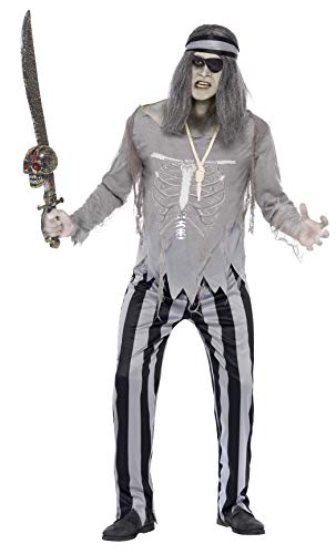 Smiffys Men's Pirate Shipmate Costume, Top, Trousers and Headband, Ghost Ship, Colour: Grey, Size: M, 27551