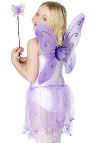 Smiffys Kids Butterfly Fairy Costume, Wings and Wand, Purple, One size, 29170