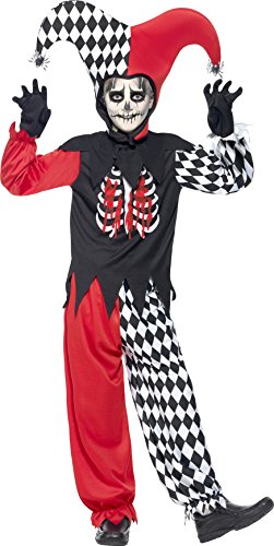 Smiffys Children's Blood Curdling Jester Costume, trousers, Top, Hat & Gloves, Ages 12+, Colour: Black and Red, 43020