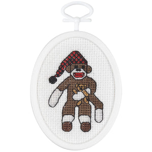 Peejay Sock Monkey Mini Counted Cross Stitch Kit-2-1/4"X2-3/4" Oval 18 Count