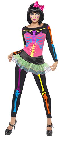 Smiffys Adult Women's Neon Skeleton Costume, Top with Attached Skirt and Footless Tights, Legends of Evil, Halloween, Size L, 21316