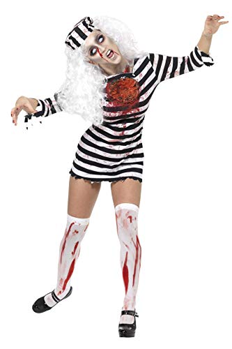 Smiffys Women's Zombie Convict Costume, Dress and Hat, Size: XS, Colour: Black and White, 34131