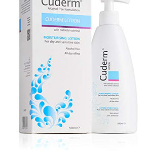 Cuderm Lotion 500ml (Alcohol Free) [Suitable for Dry Skin, Eczema] Colloidal Oatmeal - Hypoallergenic - Vegan Certified - Fragrance Free - SLS Free - Cruelty Free (PETA) - Skincare - Body Lotion