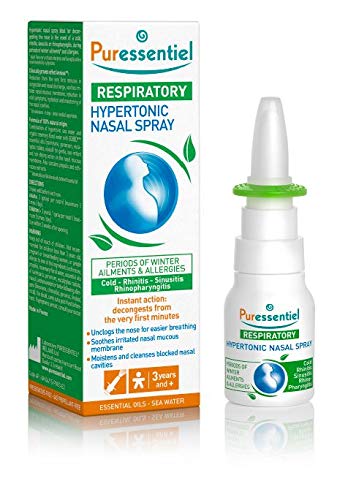 Puressentiel Hypertonic Nasal Spray 15ml - Congestion relief - Instant action - Blocked nose, cold, hay fever, allergies, sinusitis - 100% natural, eucalyptus, sea water, propolis and echinacea
