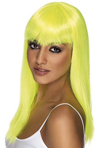 Smiffys Women's Long and Straight Neon Yellow Wig with Bangs, One Size, Glamourama Wig, 5020570421642
