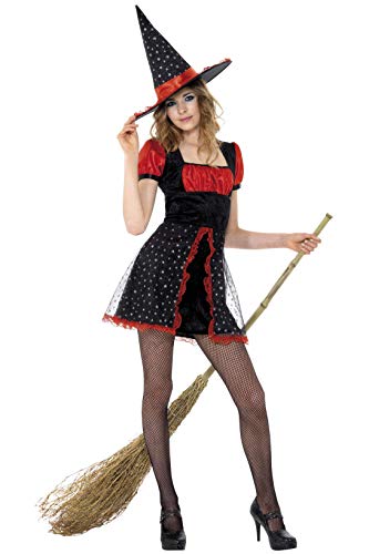 Smiffys Tween Star Witch Costume, Dress & Hat, Size: T, Colour: Black and Red, 34659