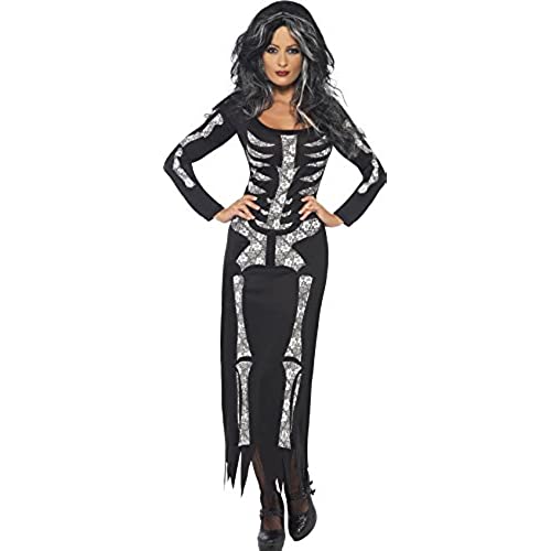 Smiffys Adult Women's Skeleton Costume, Long Sleeved Tube Dress, Legends of Evil, Halloween, Size L, 38873