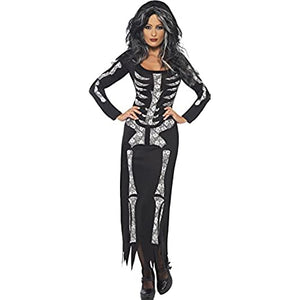 Smiffys Adult Women's Skeleton Costume, Long Sleeved Tube Dress, Legends of Evil, Halloween, Size L, 38873