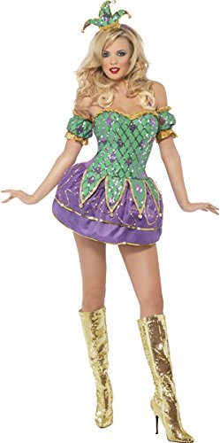 Fever Adult Women's Harlequin Shine Costume with Sequins, Dress, Arm Sleeves and Hat on Headband, Funny Side, Size: M, 29102