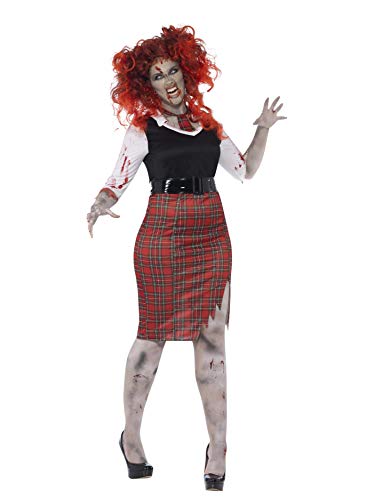 Smiffys Adult Women's Zombie School Girl Costume, Dress, Tie and Belt, Zombie Alley, Halloween, Size: XXL, 44350