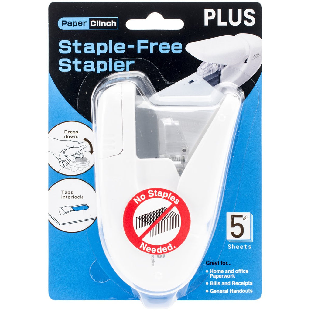 Plus PAPER CLINCH Compact WHITE Heavy Duty, Light, Staple Free Stapler (31250)