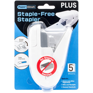 Plus PAPER CLINCH Compact WHITE Heavy Duty, Light, Staple Free Stapler (31250)