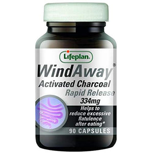 Lifeplan WindAway Activated Charcoal Capsules 334mg. Rapid release. To reduce flatulence & build up of inetinal gas after eating (90 tablets)