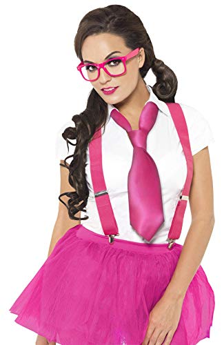 Smiffys Glam Geek Kit with Glasses Braces and Tie - Pink