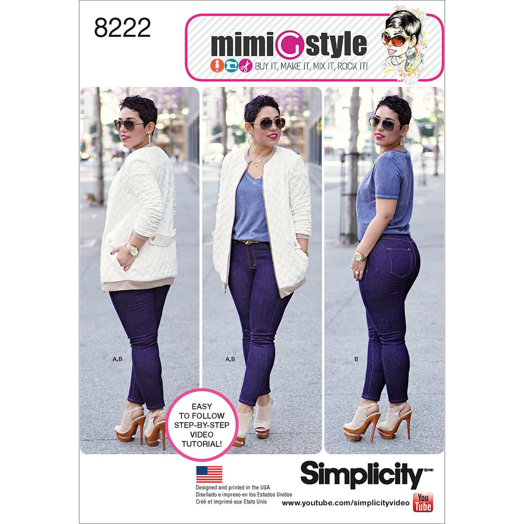 Simplicity Pattern 8222 R5 Mimi G Bomber Jacket and Stretch Skinny Jeans, Size 14-16-18-20-22