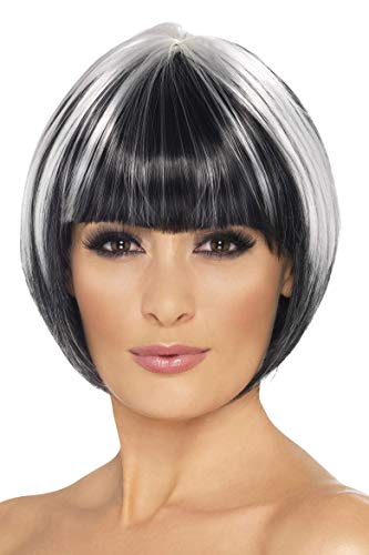 Smiffys Quirky Bob Wig with White Streaks - Black