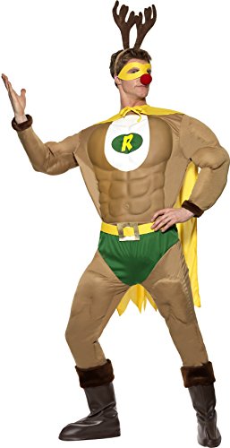 Smiffys Adult men's Super Reindeer Costume, Top, trousers, Cape, Bootcovers, Nose, Mask and Antlers, Christmas, Size L, 36215